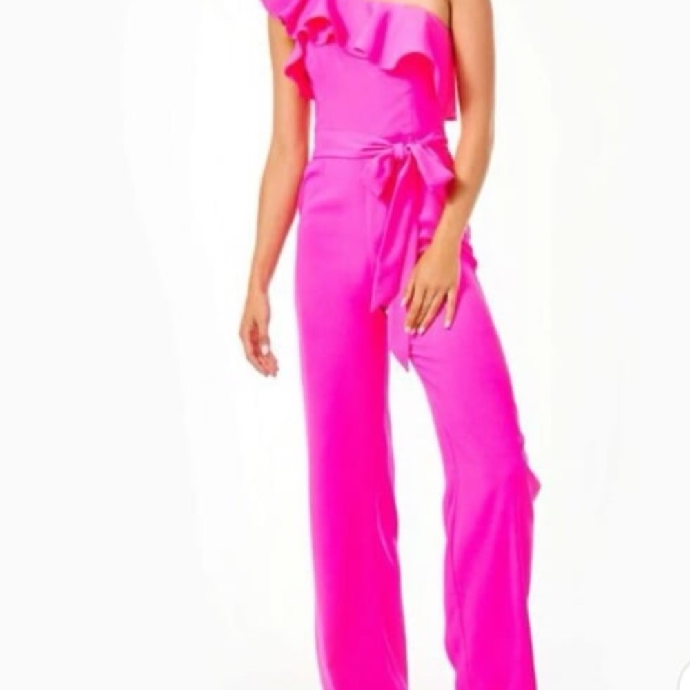 Lilly Pulitzer Hot Pink One-Shoulder Ruffle Jumpsuit - Picture 1 of 11